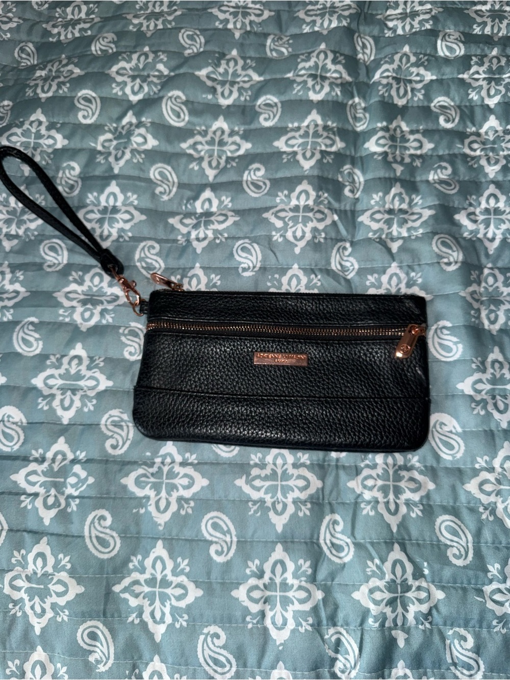 Adrienne Vittadini Black Wristlet Clutch with Rose Gold Hardware